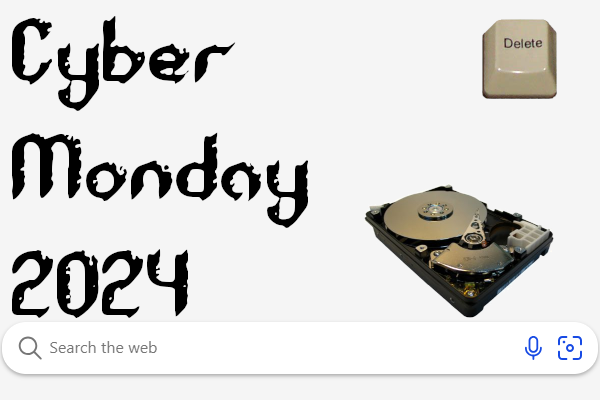 Image collage with a hard drive, delete key, search bar, and 'Cyber Monday 2024' text