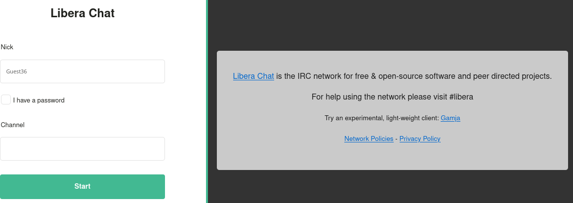 Log into Libera.Chat KiwiIRC instance
