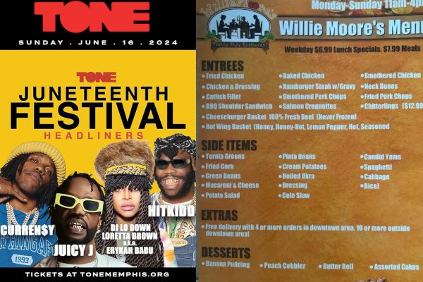 TONE Juneteenth festival brochure and Willie Moore's restaurant menu